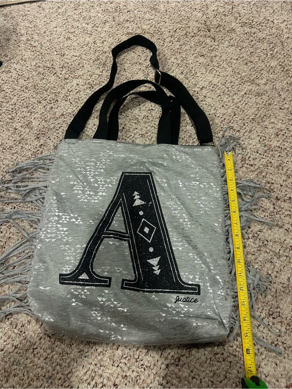 Initial Letter A Tote Bag – Justice Gray Fringe Bag With Adjustable Strap & Hand